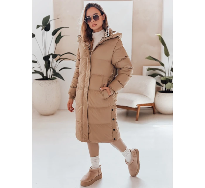 WINTERMISS dámská zimní dlouhá prošívaná bunda s kapucí tmavě béžová FashionStreet TY4966