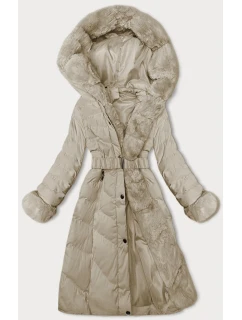 Béžová dámská zimní bunda s opaskem (5M3156-62)