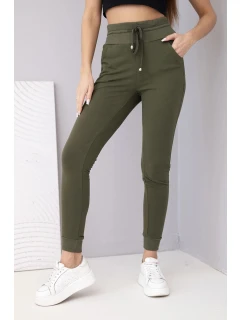 Dámské teplákové kalhoty s vysokým pasem a šňůrkou khaki