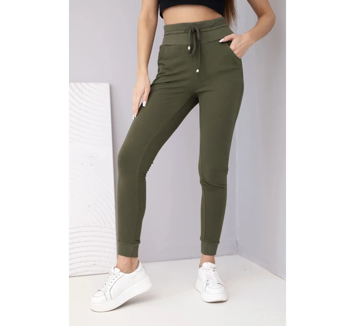 Dámské teplákové kalhoty s vysokým pasem a šňůrkou khaki Dámské teplákové kalhoty s vysokým pasem a šňůrkou khaki