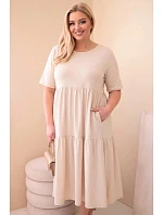 Dámské bavlněné šaty Plus Size s krátkým rukávem a volánem světle béžová