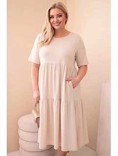 Dámské bavlněné šaty Plus Size s krátkým rukávem a volánem světle béžová