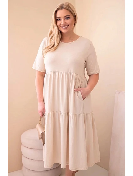 Dámské bavlněné šaty Plus Size s krátkým rukávem a volánem světle béžová