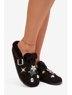 Dámské pantofle s ozdobami a sponou, zateplené kožíškem – černé Thalora