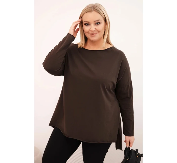 Dámská bavlněná blůza Plus Size asymetrická s dlouhým rukávem hnědá