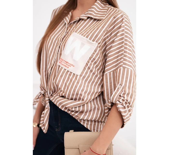 Dámská bavlněná košile s pruhy a zavazováním camelová