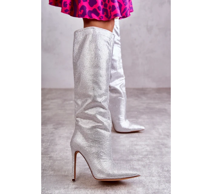 Módní kozačky na vysokém podpatku s kubickými zirkony stříbrne model 21597033 - Boto