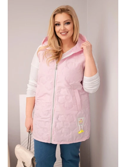 Dámská vesta Plus Size s kapucí a květinovým prošíváním cukrová růžová