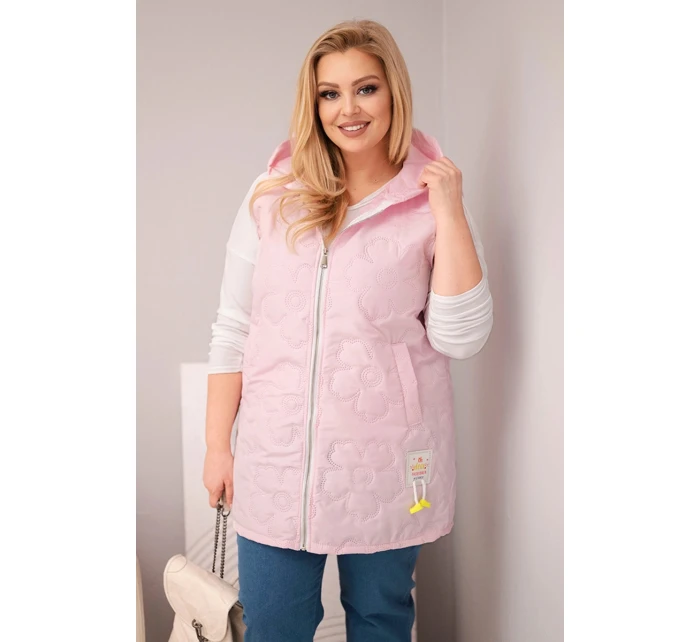Dámská vesta Plus Size s kapucí a květinovým prošíváním cukrová růžová