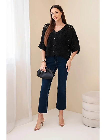 Dámský bavlněný svetr na knoflíky s krátkým rukávem černý model 22122066 - K-Fashion