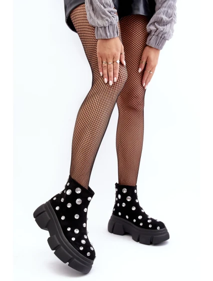 Kožené semišové zateplené obuv s krystaly D A Černé Damskie model 21636887 - S.Barski