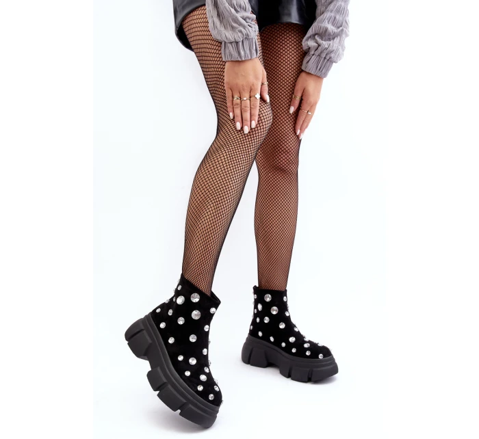 Kožené semišové zateplené obuv s krystaly D A Černé Damskie model 21636887 - S.Barski