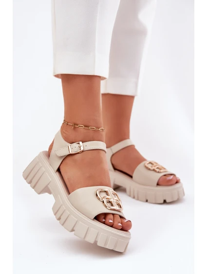 Dámské Kožené Sandály Se Zlatým Detalem model 21695060 Béžové - VINCEZA