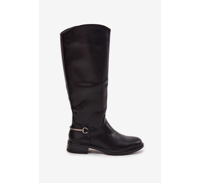 Zateplené dámské kozačky na ploché podrážce s ozdobným detailem Černé model 21714930 - Boto Zateplené dámské kozačky na ploché podrážce s ozdobným detailem Černé model 21714930 - Boto