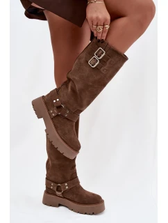 Dámské kozačky Helisse – černé, s pásky a stříbrnými přezkami