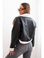 Dámská bunda pilotka z ekokůže s kožešinou a páskem 34094 černá - Kesi