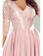NICOLLE - Dámské šaty v pudrově růžové barvě s delším zadním dílem a s krajkovým výstřihem 210-11