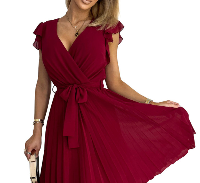 POLINA - Dámské plisované šaty ve vínové bordó barvě s výstřihem a volánky 374-2
