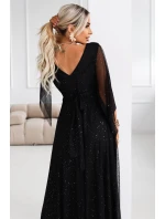 655-1 Dlouhé lehké třpytivé šaty s výstřihem a průhlednými rukávy - černé 655-1 Dlouhé lehké třpytivé šaty s výstřihem a průhlednými rukávy - černé