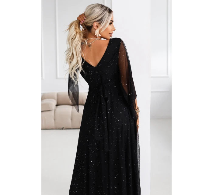 655-1 Dlouhé lehké třpytivé šaty s výstřihem a průhlednými rukávy - černé 655-1 Dlouhé lehké třpytivé šaty s výstřihem a průhlednými rukávy - černé