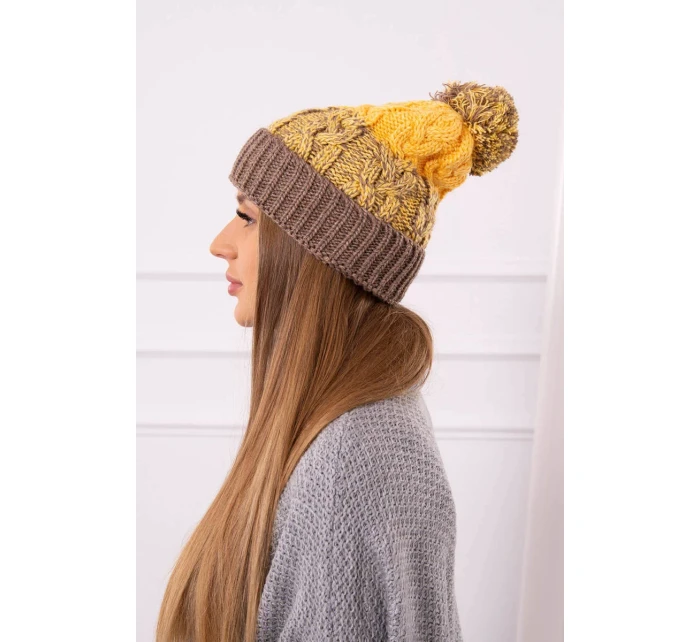 Dámská čepice s bambulí Abigail K326 cappuccino+yellow Dámská čepice s bambulí Abigail K326 cappuccino+yellow