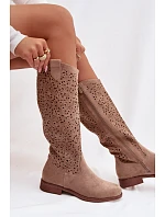 Dámské perforované kozačky na nízkém podpatku HY61-8023 Béžová - S.Barski