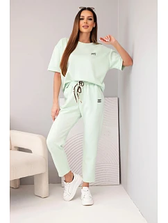 Dámský viskózový máslový komplet s krátkým rukávem a kalhotami s ohrnovanou nohavicí mentolový