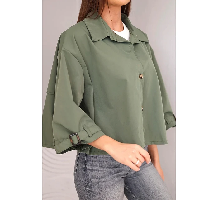 Dámská jarní bavlněná bunda zapínaná na knoflíky s límcem khaki