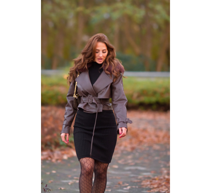 Sexy faux leather winter jacket with belt