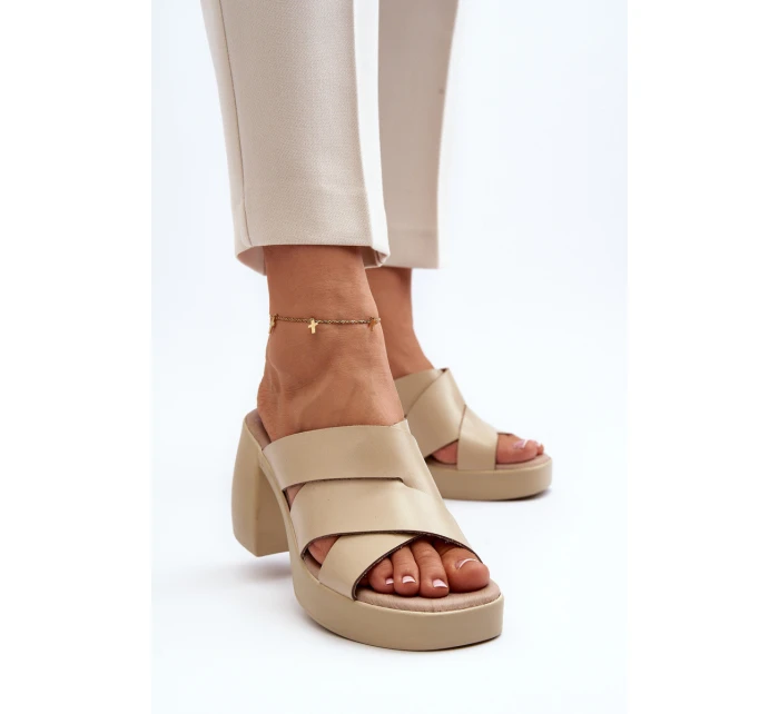 model 21647974 Kožené žabky na podpatku béžové - Zazoo