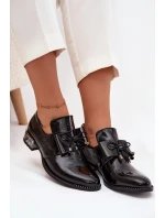 Lakované dámské polobotky na nízkém podpatku s mašlí Zazoo 1399 Černé