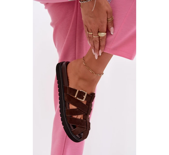 Dámské pantofle s pásky a zlatým přezkou Čokoládové Roselisse