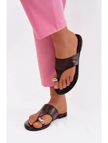 Dámské ploché eko kožené pantofle se zlatým detailem Čokoládové Lavessa