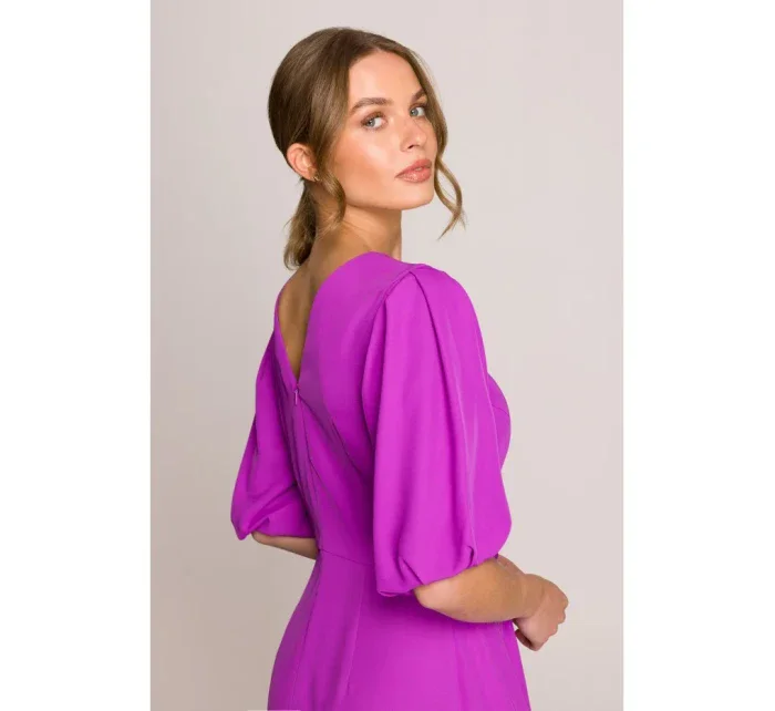 S399 Šaty s puff rukávy - levandulová barva S399 Šaty s puff rukávy - levandulová barva