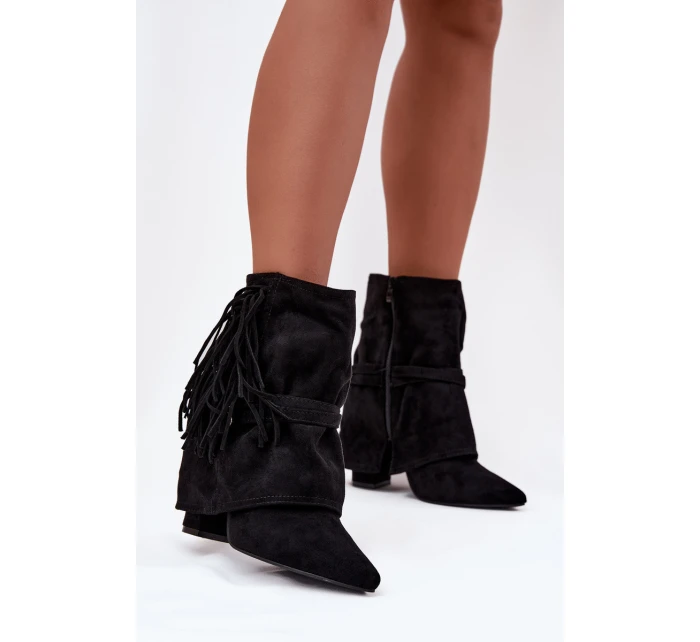 Dámské kotníkové boty na sloupku s třásněmi a zlatými přezkami Evelisse – černé