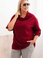 Dámská blůza Plus Size s bavlnou volného střihu s vodním výstřihem bordová