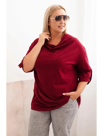 Dámská blůza Plus Size s bavlnou volného střihu s vodním výstřihem bordová