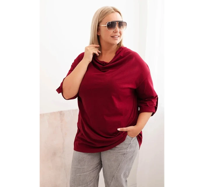 Dámská blůza Plus Size s bavlnou volného střihu s vodním výstřihem bordová