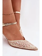 Pánské síťované dámské sandály na jehlovém podpatku se zdobením Zlato model 22103194 - Boto