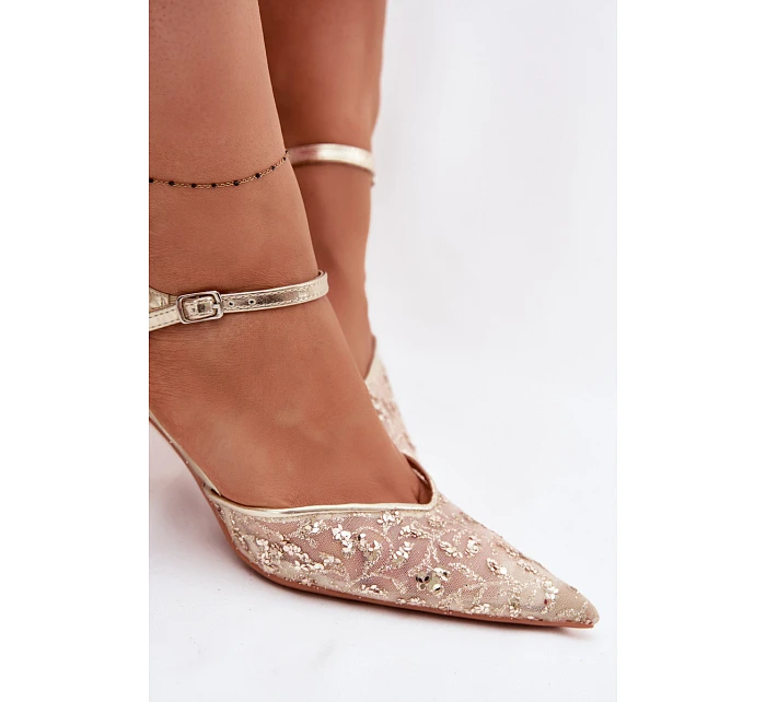 Pánské síťované dámské sandály na jehlovém podpatku se zdobením Zlato model 22103194 - Boto