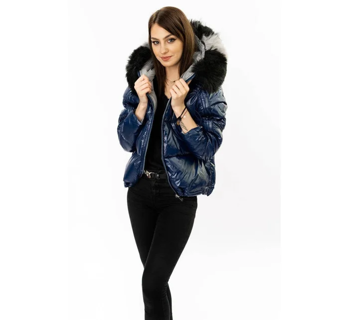 Tmavě modro-šedá oboustranná dámská bunda (b9555) Tmavě modro-šedá oboustranná dámská bunda (b9555)