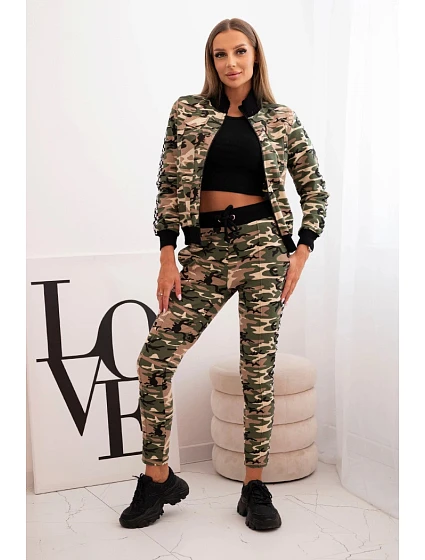 Dámská souprava s kapucí a model 21755764 potiskem khaki + ecru - K-Fashion