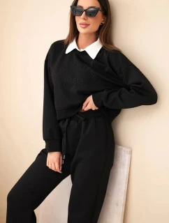 Dámský komplet máslo mikina s límečkem a rovné kalhoty černý