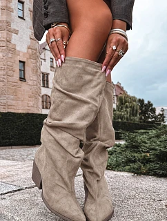 Dámské kozačky s řasenou horní částí na podpatku semišové Khaki Zamszowe Durela