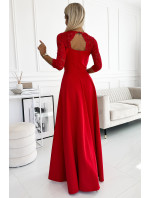 AMBER - Elegantní červené dlouhé dámské krajkové šaty s výstřihem a rozparkem na noze 309-8