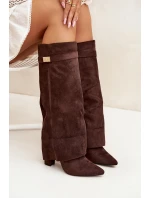 Dámské zateplené kozačky na sloupkovém podpatku s vyhrnutou holení Evyra – čokoládové, eko semiš Dámské zateplené kozačky na sloupkovém podpatku s vyhrnutou holení Evyra – čokoládové, eko semiš