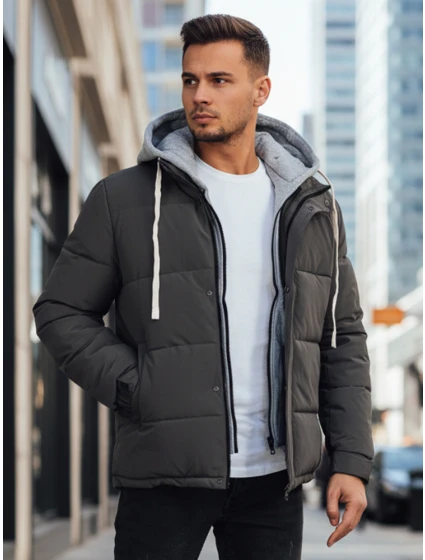 Pánská prošívaná zimní bunda s kapucí tmavě šedá FashionStreet TX5103