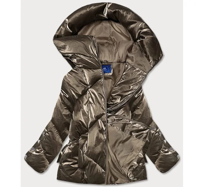 Tmavě zlatá metalická krátká dámská zimní bunda puffer (omdl-022)
