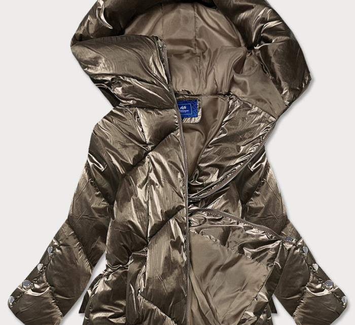 Tmavě zlatá krátká metalická dámská zimní bunda puffer (OMDL-022)