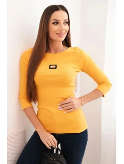 Dámská pruhovaná blůza s rukávem 3/4 a ozdobnou nášivkou hořčicová